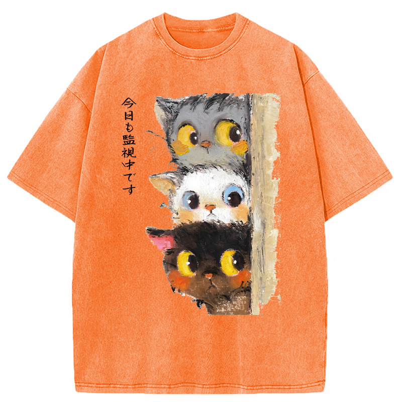 Modecanvas Three Cats Secretly Monitor Washed T-Shirt