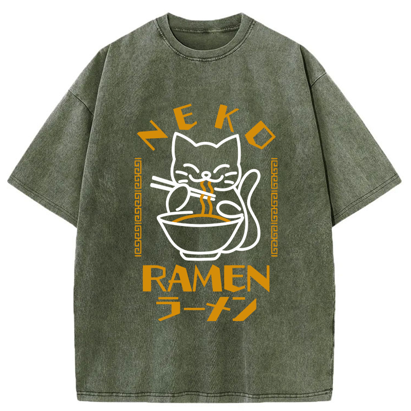 Modecanvas Cat Obsessed With Ramen Washed T-Shirt-modecanvas