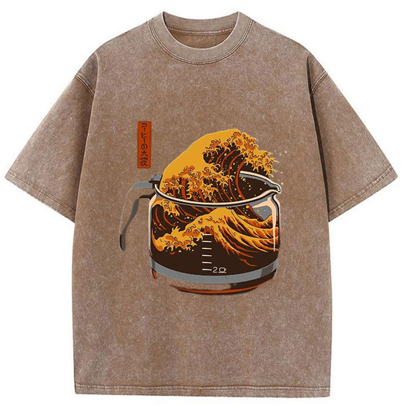 Modecanvas The Great Wave Off Coffee Japanese Washed T-Shirt-modecanvas