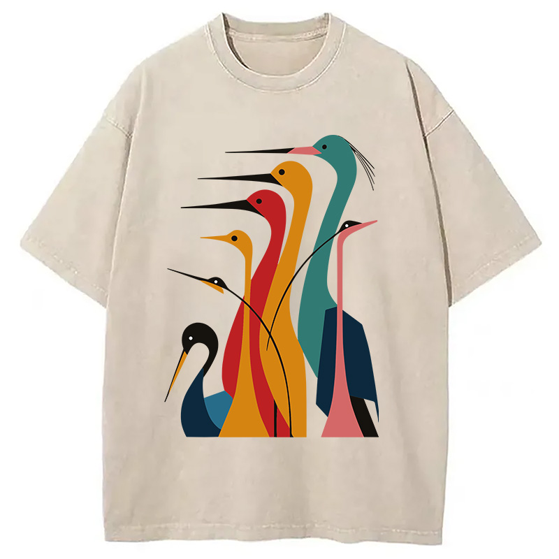 Modecanvas Various Types Of Cranes Washed T-Shirt