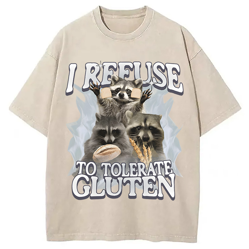 Modecanvas Refuse to Tolerate Gluten Funny Raccoon Meme Washed T-Shirt