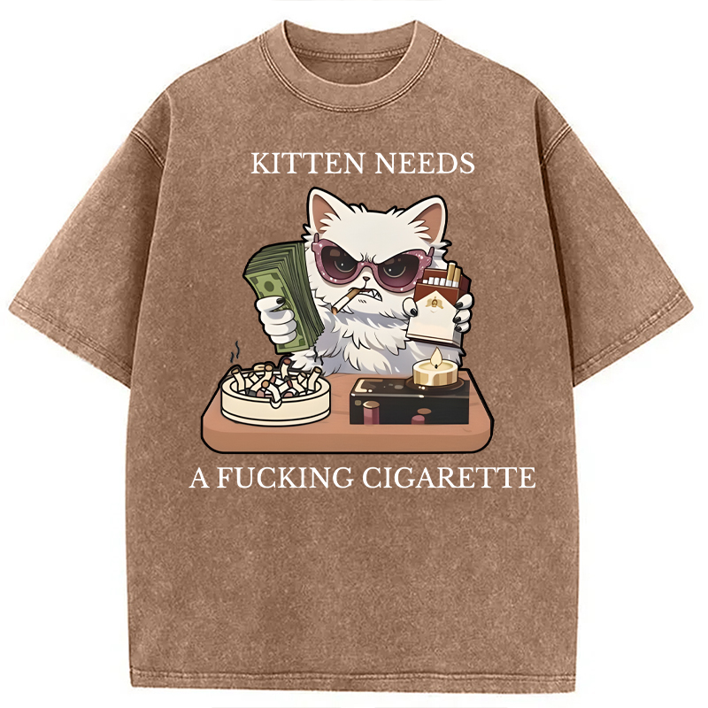 Modecanvas Kitten Needs A Fucking Cigarette DTG Printing Washed T-Shirt