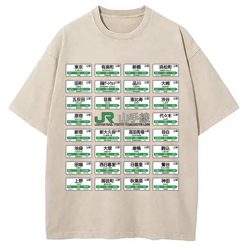 Modecanvas Yamanote Line Train Stations All DTG Printing Washed T-Shirt