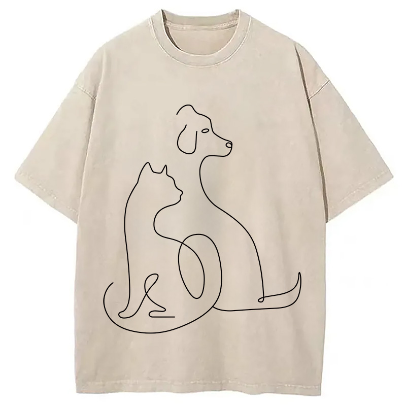 Modecanvas Minimalist Cat and Dog DTG Printing Washed T-Shirt