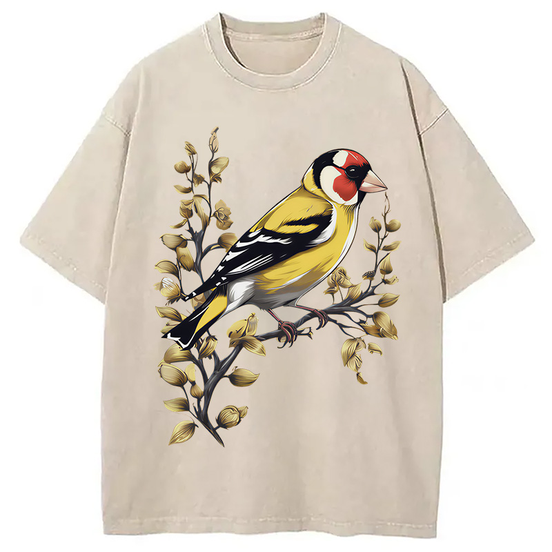Modecanvas Goldfinch Bird DTG Printing Washed T-Shirt
