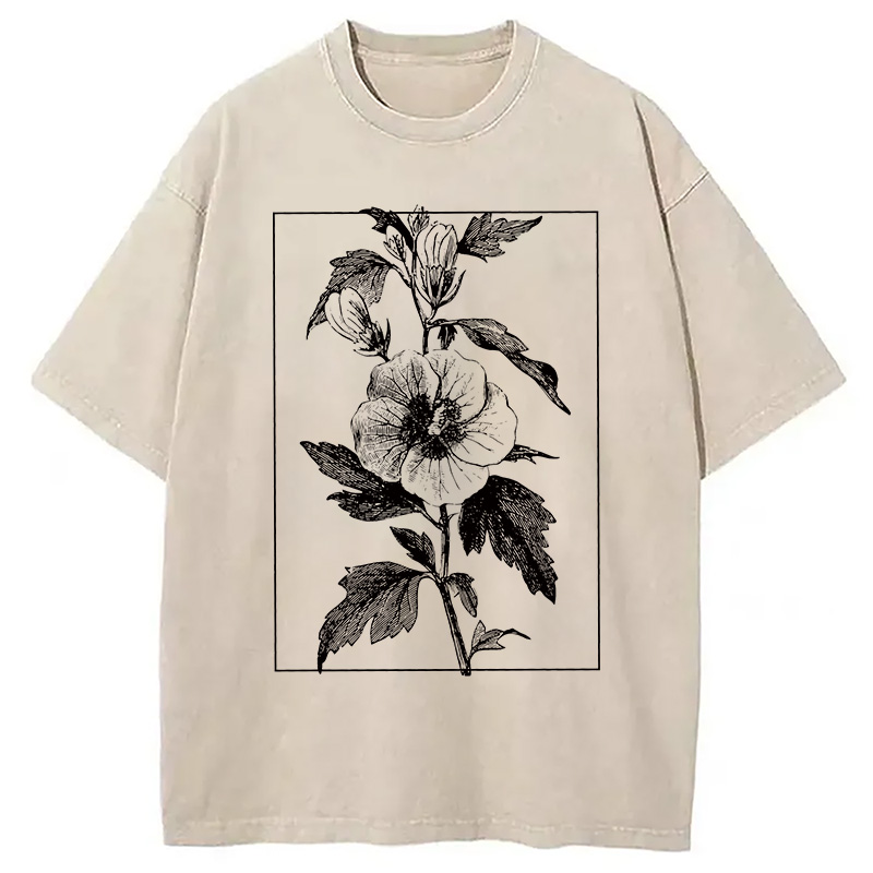 Modecanvas Vintage Botanical Flower DTG Printing Washed T-Shirt