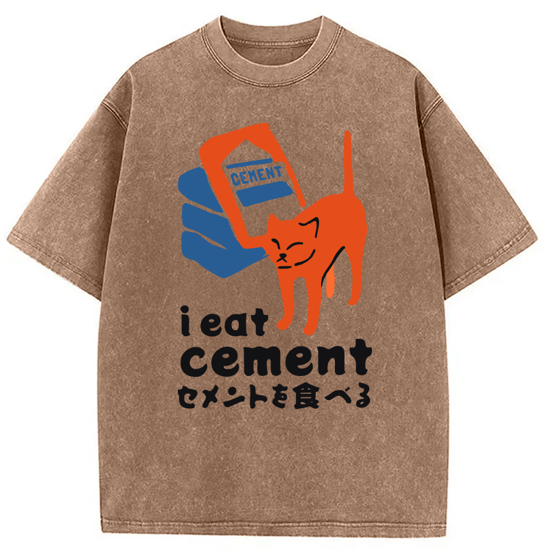Modecanvas I Eat Cement Meme Cat Washed T-Shirt-modecanvas