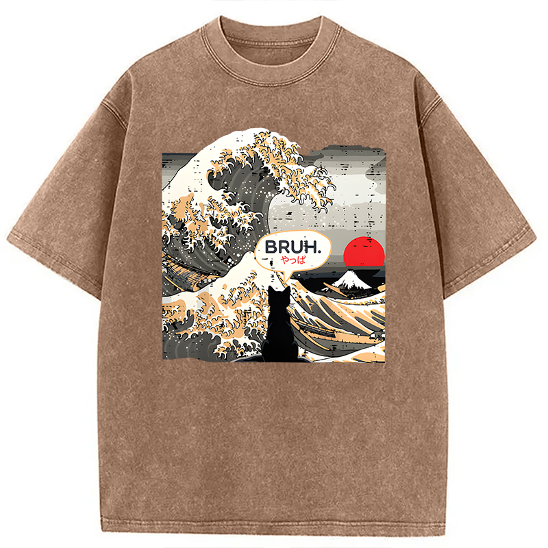 Modecanvas Bruh Cat Great Wave DTG Printing Washed T-Shirt