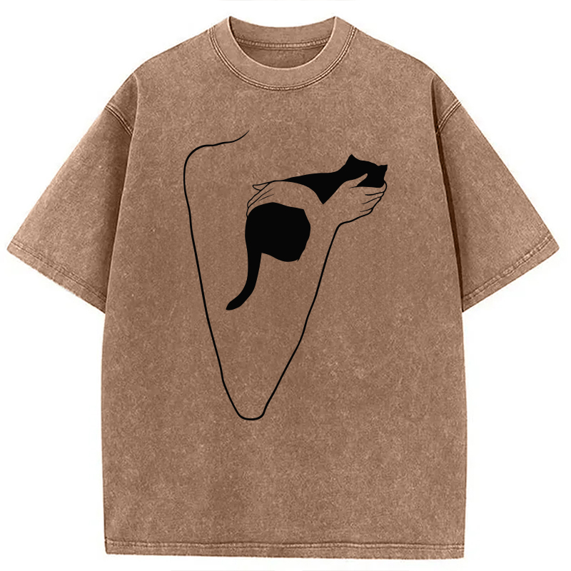 Modecanvas Minimalist Art Cat Hug DTG Printing Washed T-Shirt