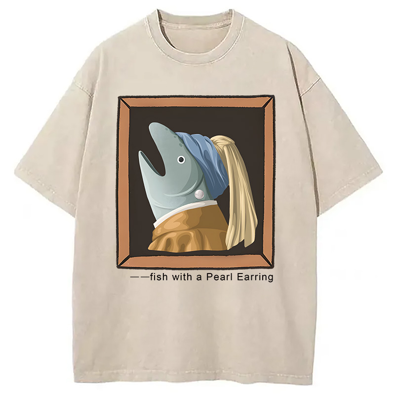 Modecanvas Fish with Pearl Earring DTG Printing Washed T-Shirt