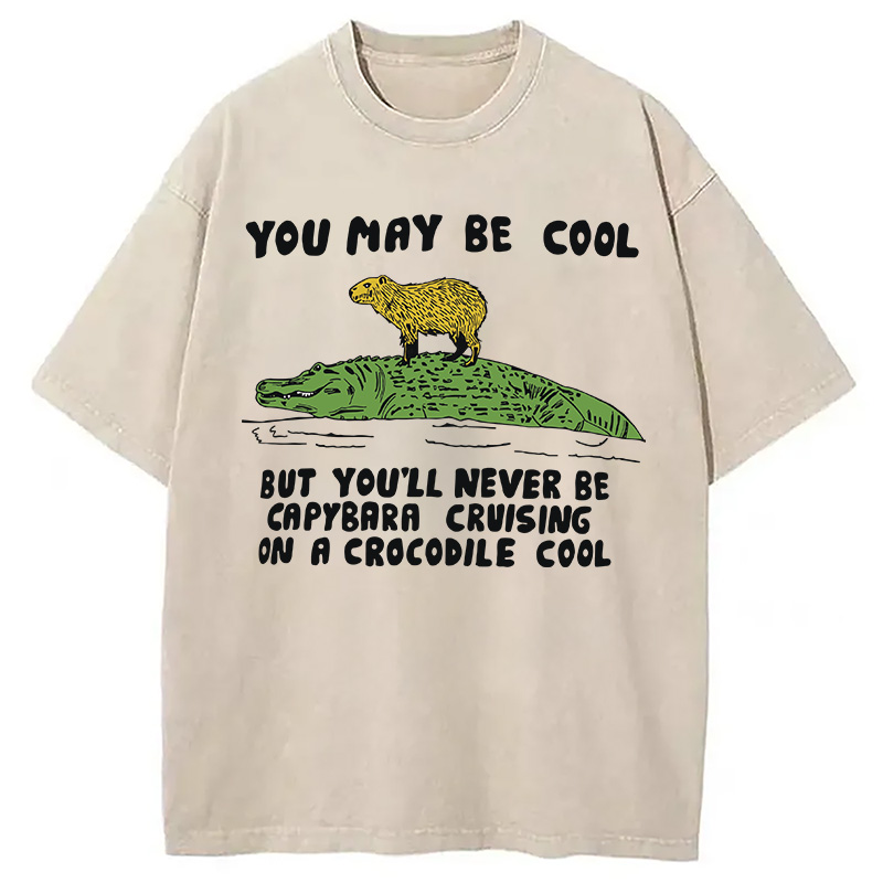 Modecanvas Funny Capybara Riding Crocodile DTG Printing Washed T-Shirt