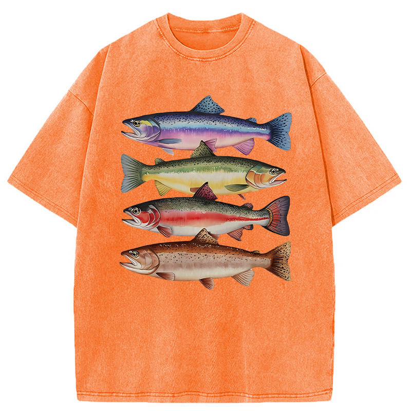 Modecanvas Colorful Rainbow Trout Fish DTG Printing Washed T-Shirt