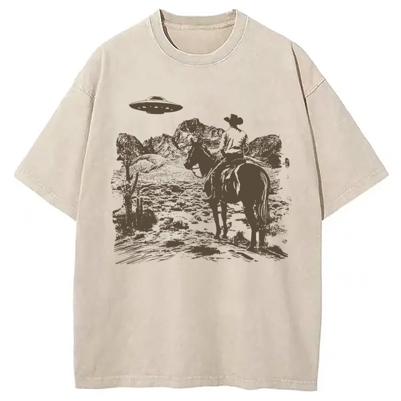 Modecanvas Ufo Western Vintage Cowboy DTG Printing Washed T-Shirt