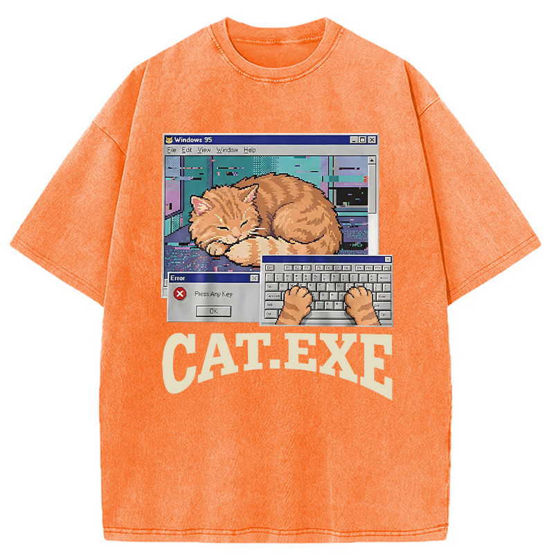 Modecanvas Cat Exe DTG Printing Washed T-Shirt-modecanvas