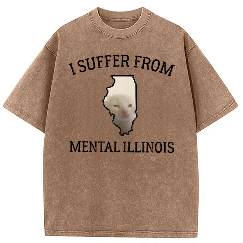 Modecanvas Mental Illinois Depressed Cat DTG Printing Washed T-Shirt-modecanvas