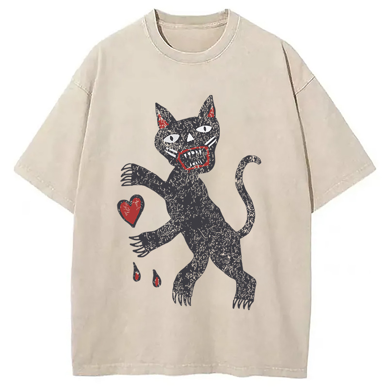 Modecanvas Black Cat Art DTG Printing Washed T-Shirt-modecanvas