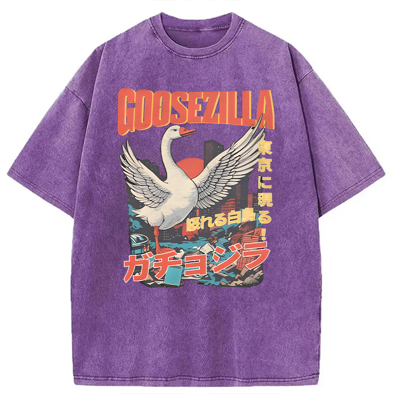 Modecanvas Goosezilla Funny Goose DTG Printing Washed T-Shirt-modecanvas