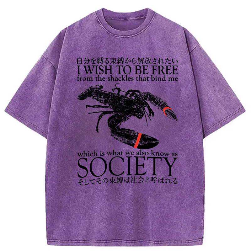 Modecanvas I Wish To Be Free Lobster DTG Printing Washed T-Shirt-modecanvas