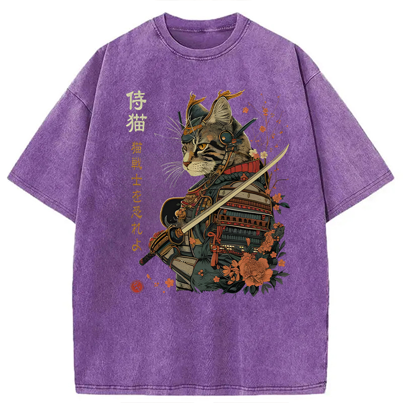 Modecanvas Samurai Cat Japanese Art DTG Printing Washed T-Shirt-modecanvas