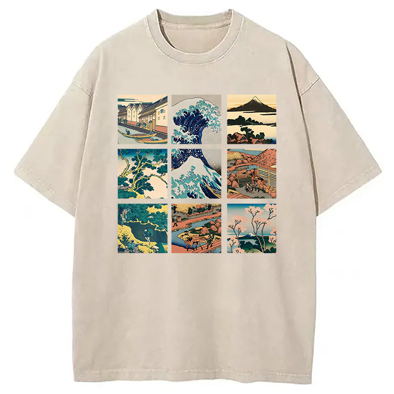 Modecanvas Thirty Six Views Of Mount Fuji DTG Printing Washed T-Shirt-modecanvas