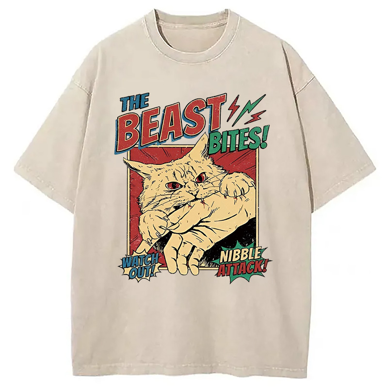 Modecanvas Vintage Horror Cat Bite DTG Printing Washed T-Shirt-modecanvas