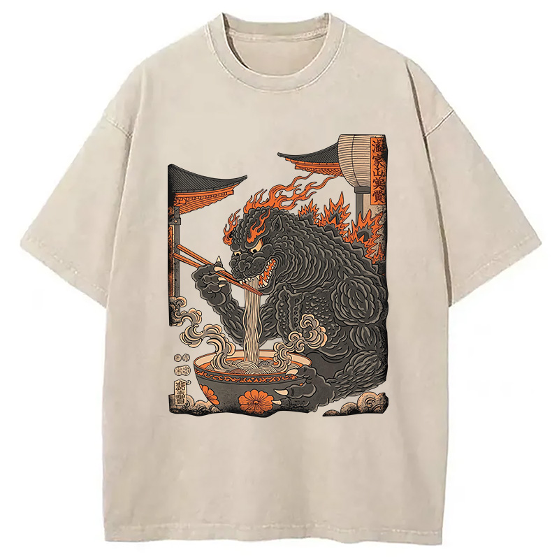 Modecanvas Vintage Monster Ramen DTG Printing Washed T-Shirt-modecanvas