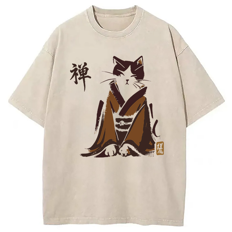 Modecanvas Zen Cat Kimono DTG Printing Washed T-Shirt-modecanvas