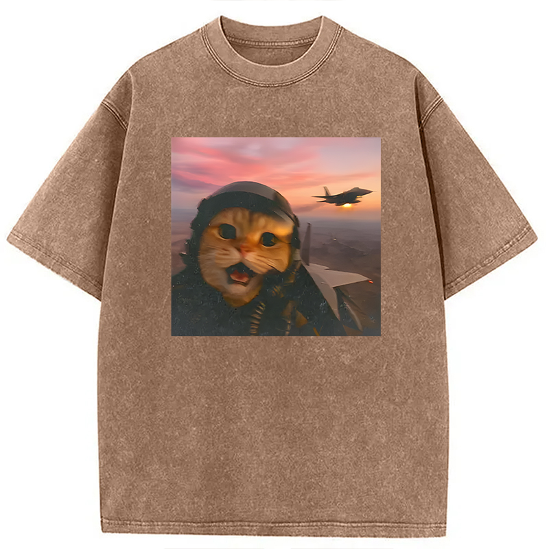 Modecanvas Funny Fighter Pilot Cat DTG Printing Washed T-Shirt
