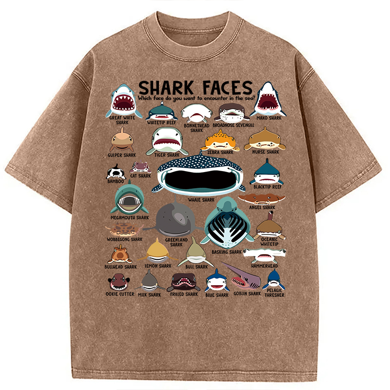Modecanvas Shark Faces Marine Sea Life DTG Printing Washed T-Shirt