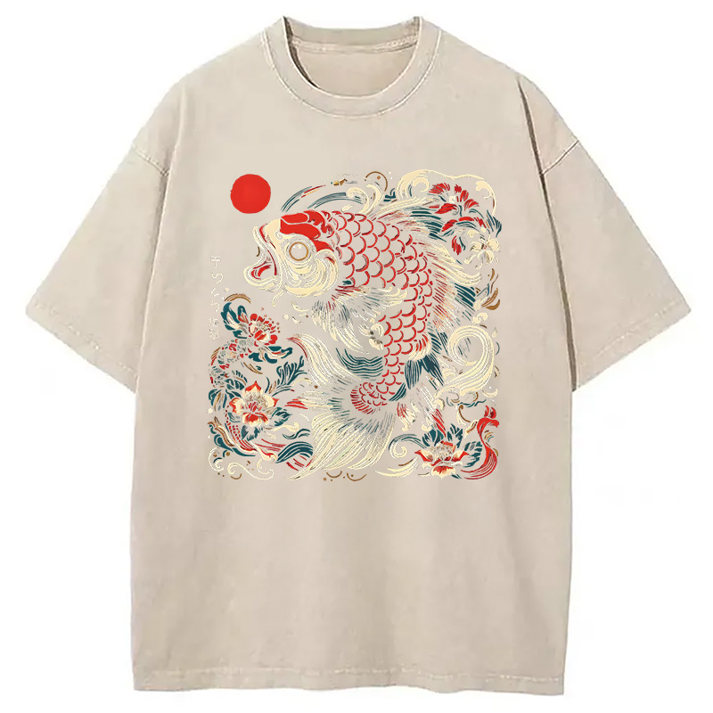 Modecanvas Japanese Koi Fish DTG Printing Washed T-Shirt