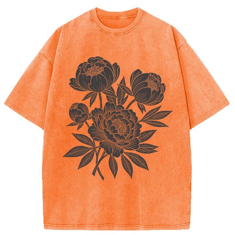 Modecanvas Linocut Floral DTG Printing Washed T-Shirt