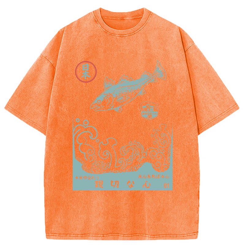 Modecanvas Japanese Fish Vintage Ukiyo-e Wave DTG Printing Washed T-Shirt