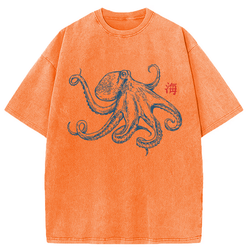 Modecanvas Octopus Retro Japanese DTG Printing Washed T-Shirt