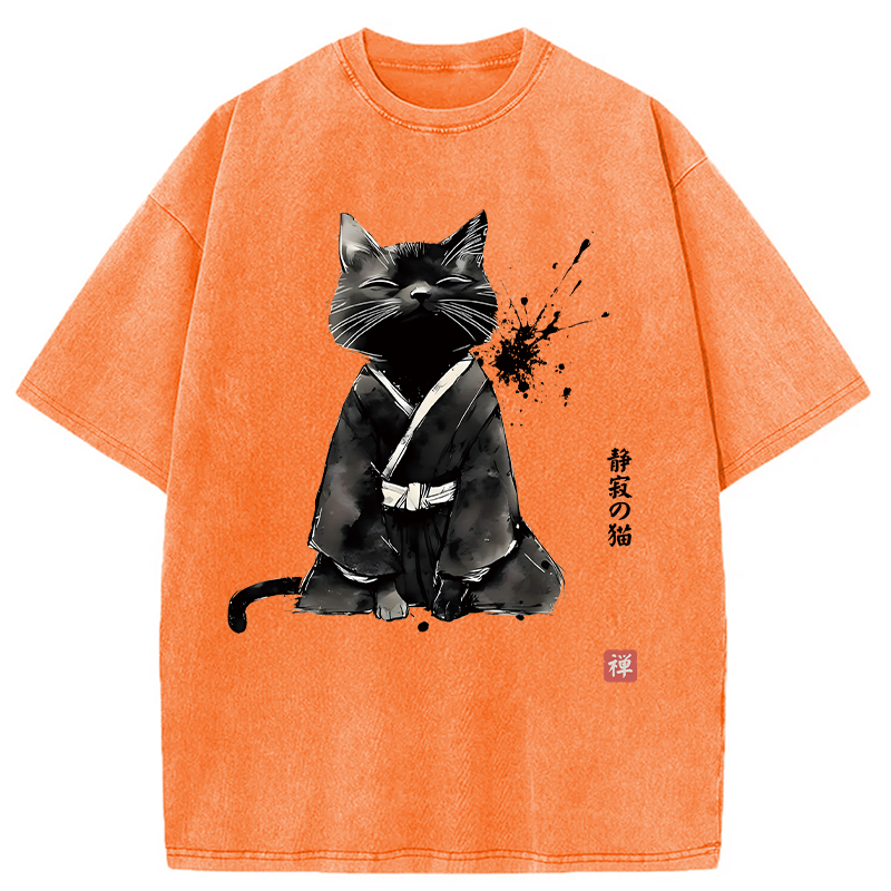 Modecanvas Zen Cat Japanese DTG Printing Washed T-Shirt