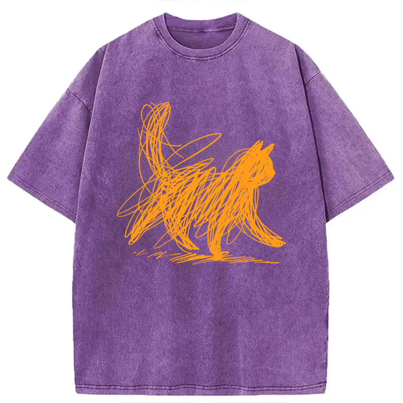 Modecanvas Scribble Cat Minimal Washed T-Shirt-modecanvas