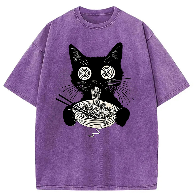 Modecanvas Psychedelic Ramen Cat DTG Printing Washed T-Shirt