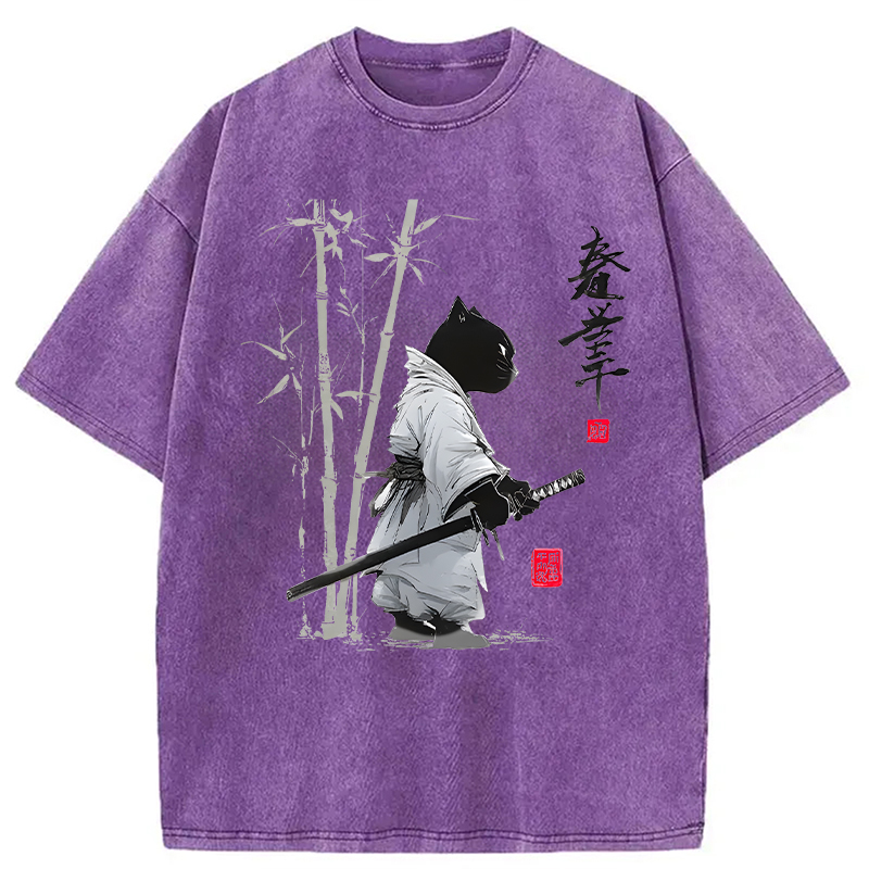 Modecanvas Samurai Cat Japanese Kanji DTG Printing Washed T-Shirt