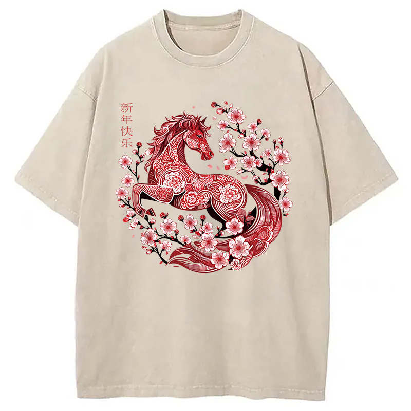 Modecanvas Chinese Horse New Year DTG Printing Washed T-Shirt