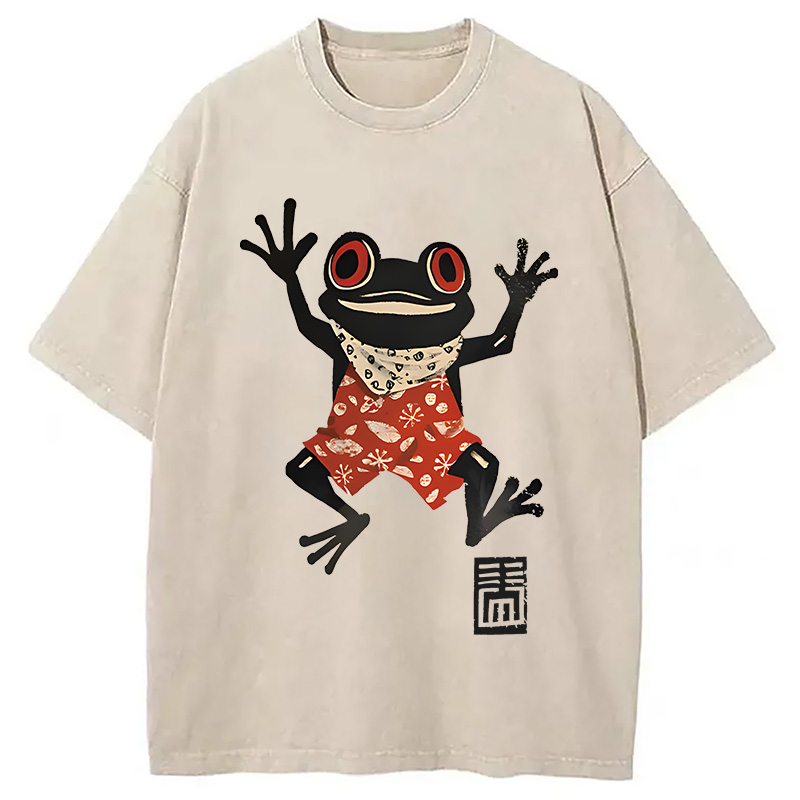 Modecanvas Japanese Happy Frog Ukiyoe DTG Printing Washed T-Shirt