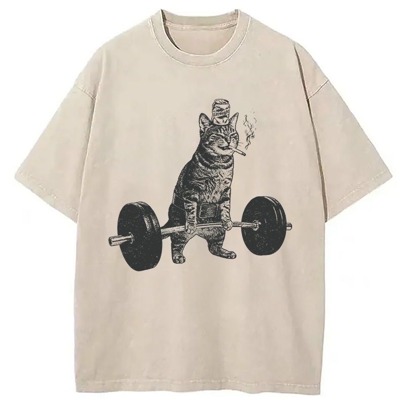 Modecanvas Funny Deadlift Cat Washed T-Shirt-modecanvas
