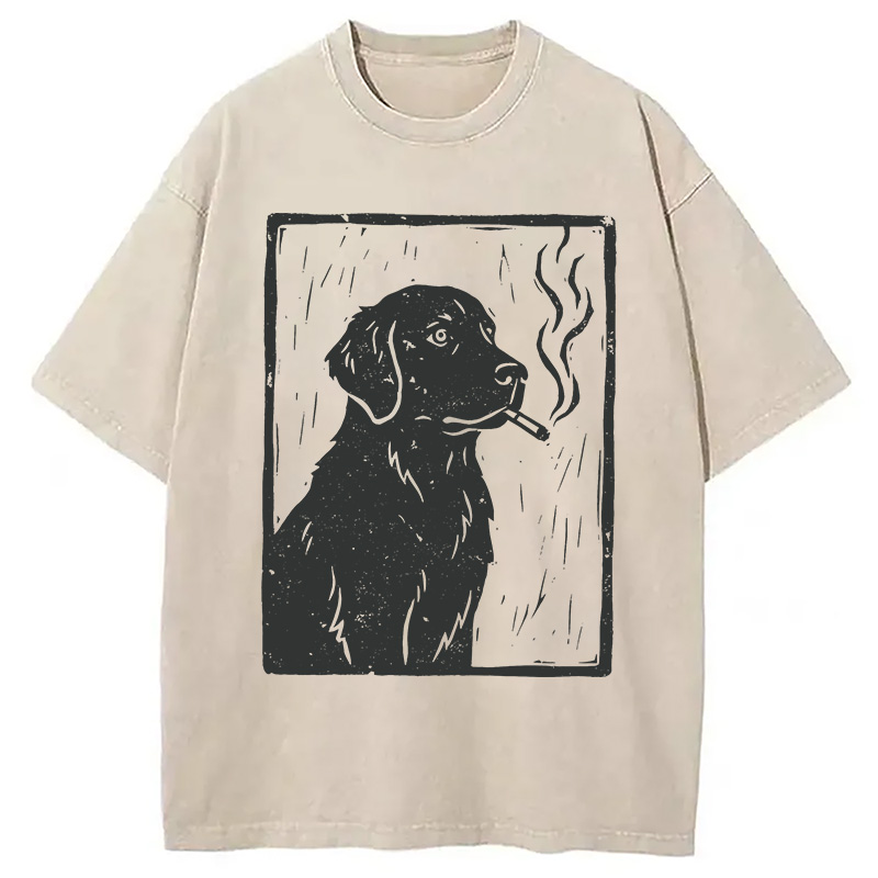 Modecanvas Smoking Labrador Linocut DTG Printing Washed T-Shirt
