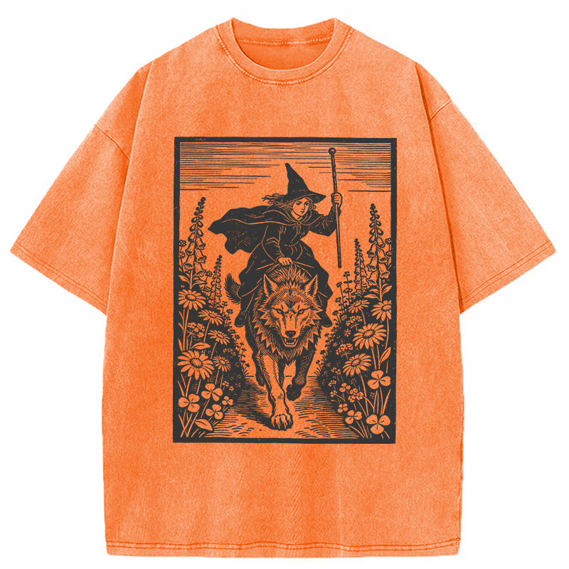 Modecanvas Witch Riding Wolf DTG Printing Washed T-Shirt
