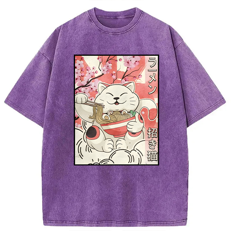 Modecanvas Japanese Noodles Maneki Neko Cat Ramen Meme DTG Printing Washed T-Shirt