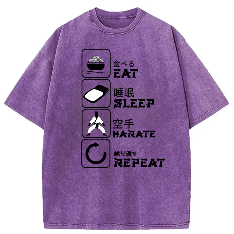 Modecanvas Eat Sleep Karate Repeat Meme DTG Printing Washed T-Shirt