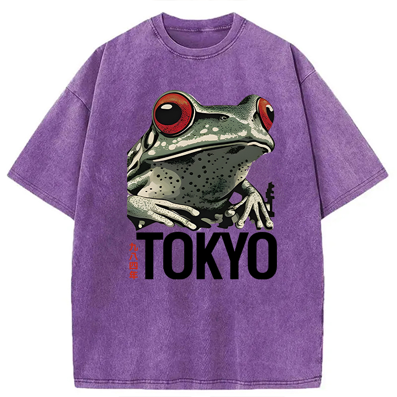 Modecanvas Retro Tokyo Frog DTG Printing Washed T-Shirt
