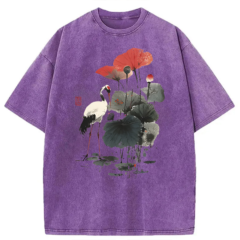 Modecanvas White Crane Among Lotus DTG Printing Washed T-Shirt