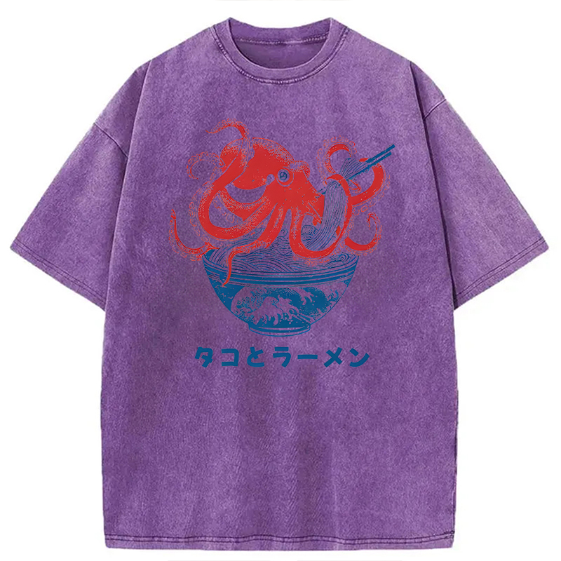 Modecanvas Octopus Eating Ramen DTG Printing Washed T-Shirt