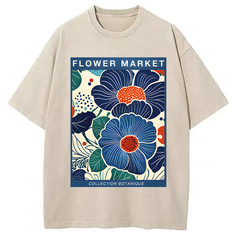 Modecanvas Blue Flowers Botanical Art DTG Printing Washed T-Shirt