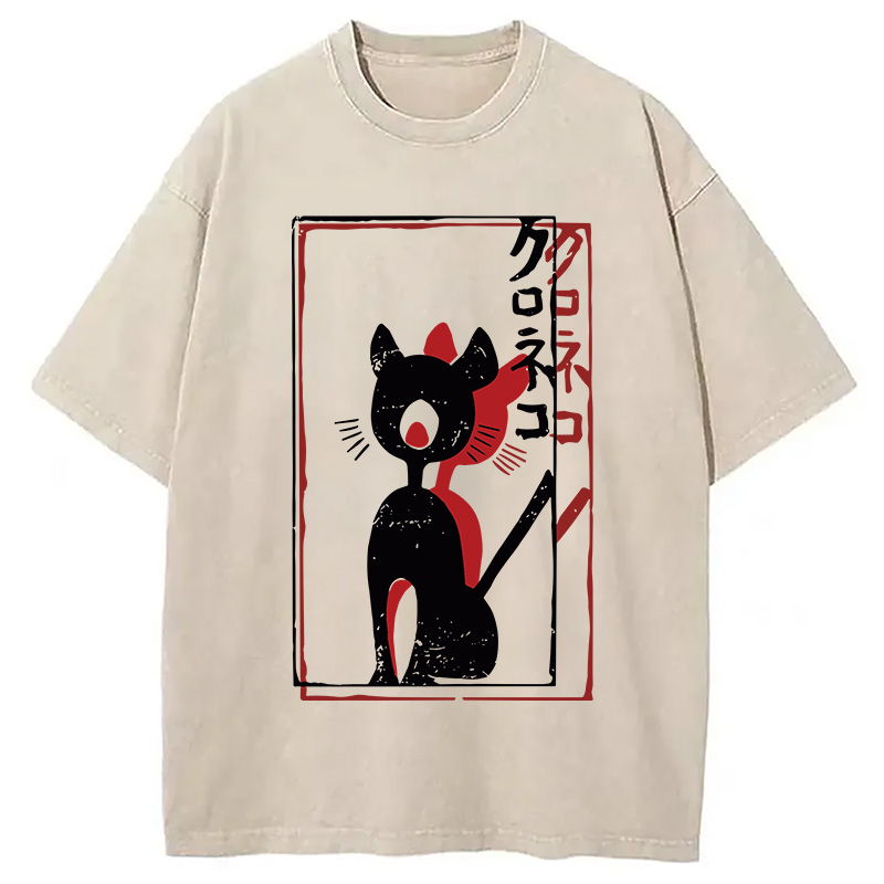 Modecanvas Japanese Retro Black Cat Poster DTG Printing Washed T-Shirt