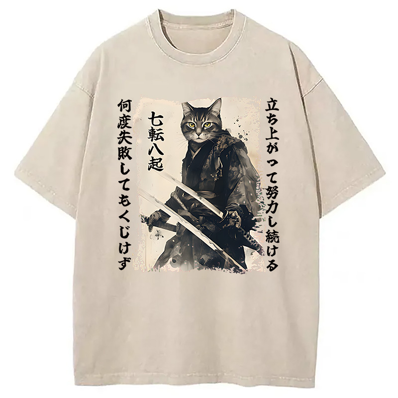Modecanvas Samurai Japanese Cat DTG Printing Washed T-Shirt